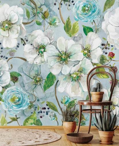 Witte roos en ranunculus muurschildering Witte roos en ranunculus muurschildering