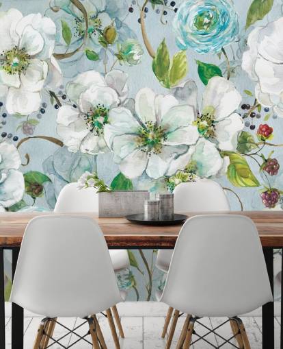 Mural de pared Rosa blanca y ranúnculo