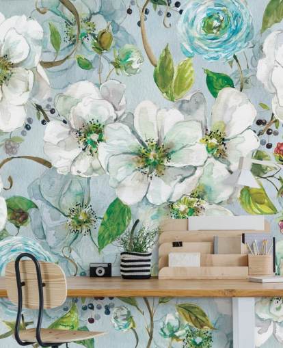 Mural de pared Rosa blanca y ranúnculo