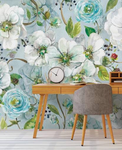 White Rose and Ranunculus Wall Mural