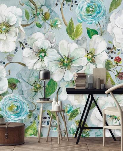 Mural de pared Rosa blanca y ranúnculo