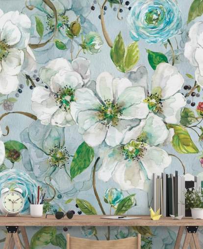 White Rose and Ranunculus Wall Mural