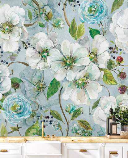 Mural de pared Rosa blanca y ranúnculo