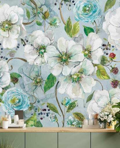 Decorazione murale con rosa bianca e ranuncolo