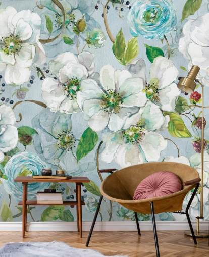 Mural de pared Rosa blanca y ranúnculo