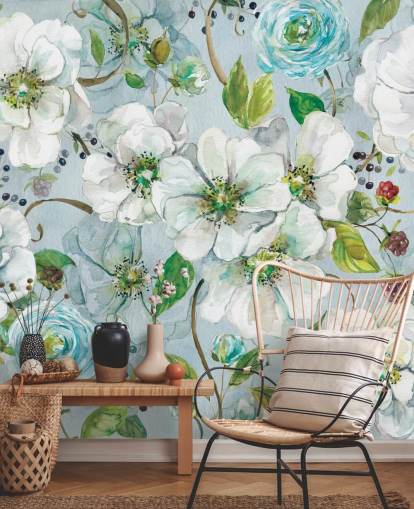 Décoration murale rose blanche et renoncules