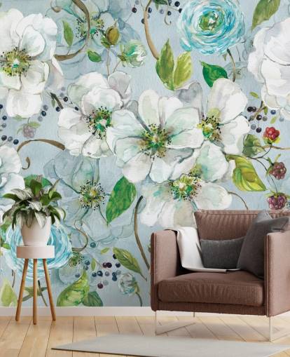 Mural de pared Rosa blanca y ranúnculo