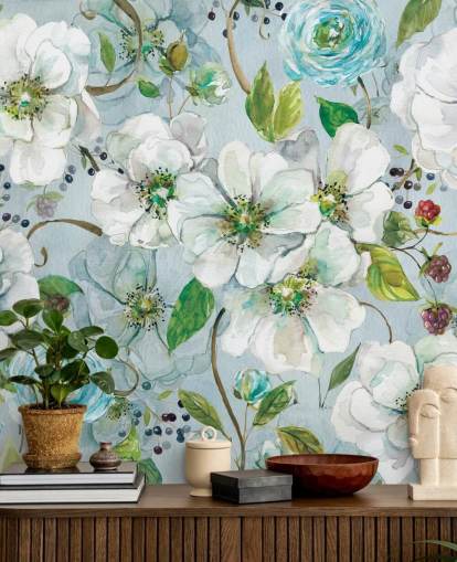 Mural de pared Rosa blanca y ranúnculo