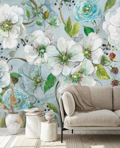 White Rose and Ranunculus Wall Mural
