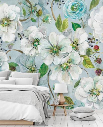 Mural de pared Rosa blanca y ranúnculo