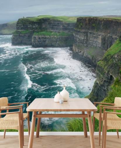 mural de papel pintado azul y verde de Irlanda llamado Cliffs of Moher para dormitorios, salas de estar y cocinas