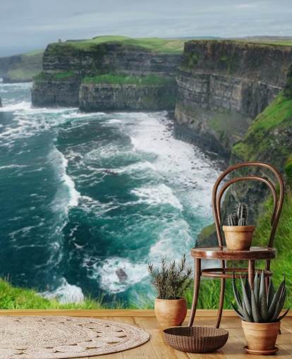 mural de papel de parede azul e verde da Irlanda chamado Cliffs of Moher para quartos, salas de estar e cozinhas