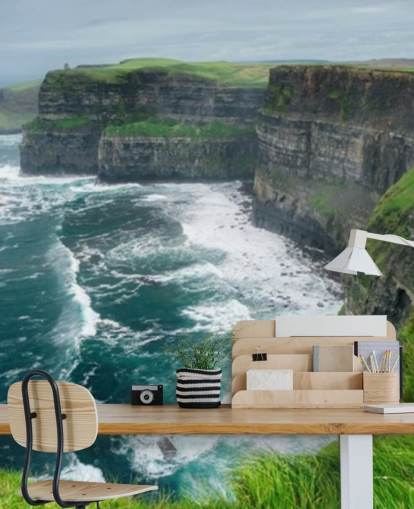 mural de papel pintado azul y verde de Irlanda llamado Cliffs of Moher para dormitorios, salas de estar y cocinas
