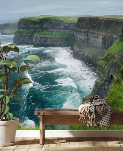 mural de papel pintado azul y verde de Irlanda llamado Cliffs of Moher para dormitorios, salas de estar y cocinas