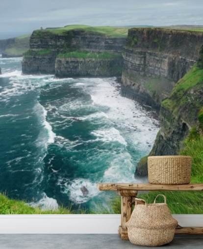 mural de papel pintado azul y verde de Irlanda llamado Cliffs of Moher para dormitorios, salas de estar y cocinas