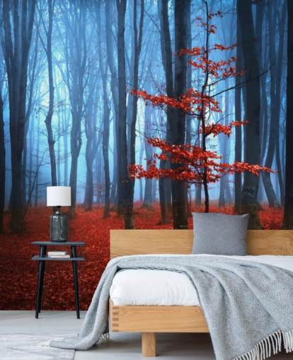 Bright Red and Blue Autumn Forest Mural Bright Red and Blue Autumn Forest Mural