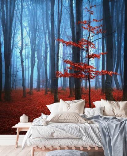 Bright Red and Blue Autumn Forest Mural Bright Red and Blue Autumn Forest Mural