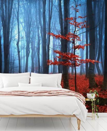 Papier Peint Fresque Forêt Automne Rouge et Bleu