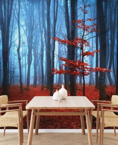 Bright Red and Blue Autumn Forest Mural Bright Red and Blue Autumn Forest Mural