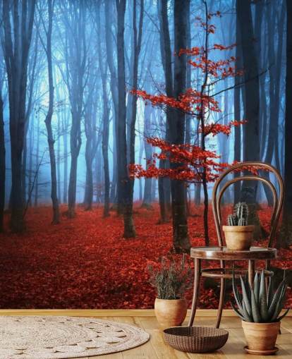 Felrode en blauwe herfstbosmuurschildering