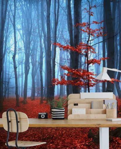 Bright Red and Blue Autumn Forest Mural
