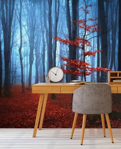 Bright Red and Blue Autumn Forest Mural