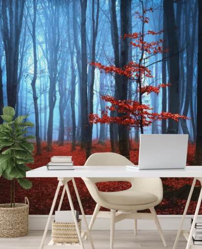 Leuchtend roter und blauer Herbstwald Fototapete