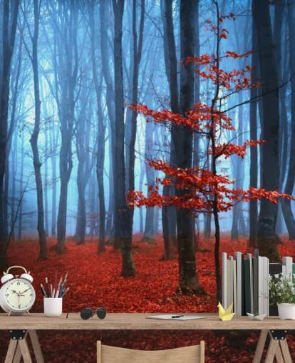 Decorazione murale con foresta autunnale rossa e blu
