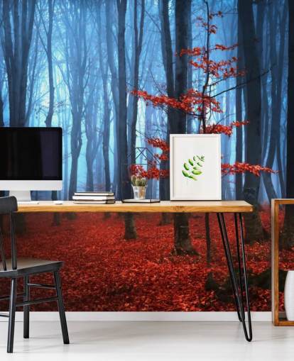 Mural Bosque otoñal rojo y azul brillante