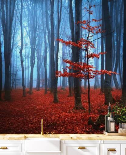 Bright Rød og Blå Efterår Forest Mural