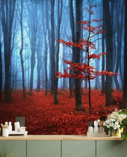 Bright Red and Blue Autumn Forest Mural