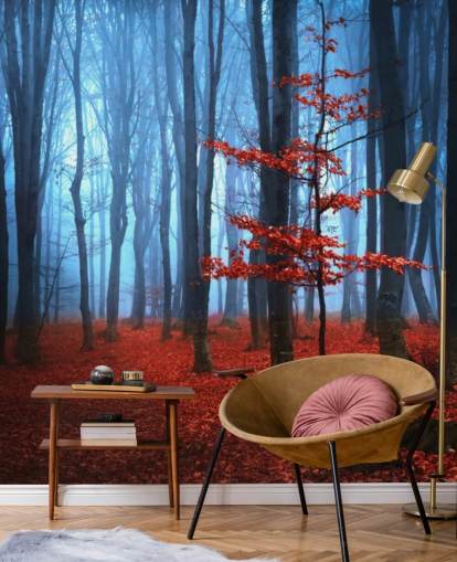 Decorazione murale con foresta autunnale rossa e blu