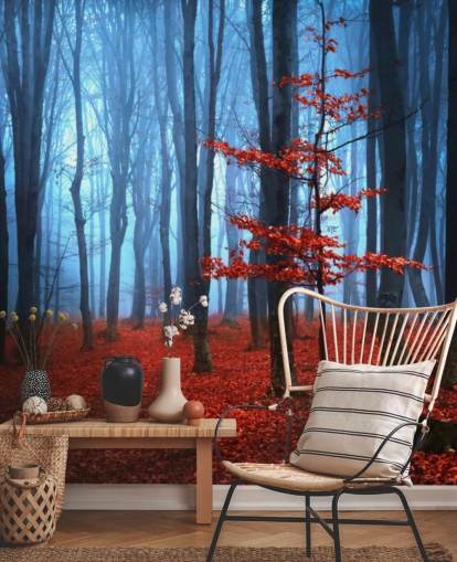 Leuchtend roter und blauer Herbstwald Fototapete