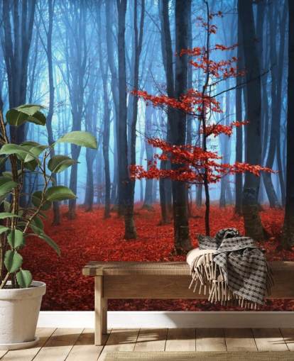 Leuchtend roter und blauer Herbstwald Fototapete Leuchtend roter und blauer Herbstwald Fototapete