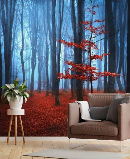 Bright Rød og Blå Efterår Forest Mural