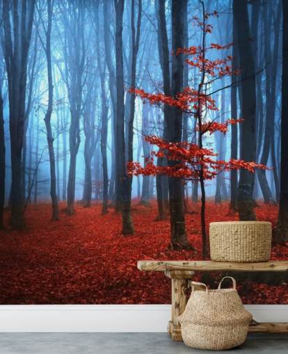 Leuchtend roter und blauer Herbstwald Fototapete