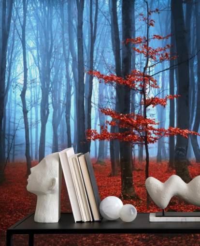 Decorazione murale con foresta autunnale rossa e blu Decorazione murale con foresta autunnale rossa e blu