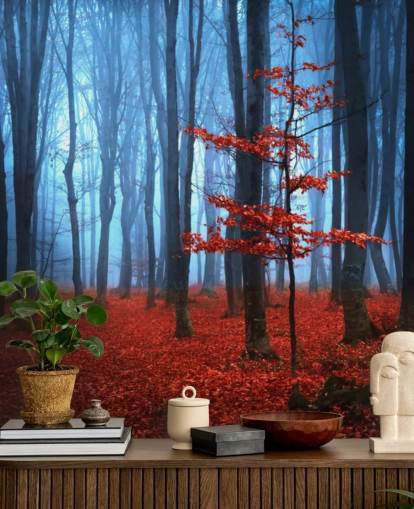 Bright Red and Blue Autumn Forest Mural