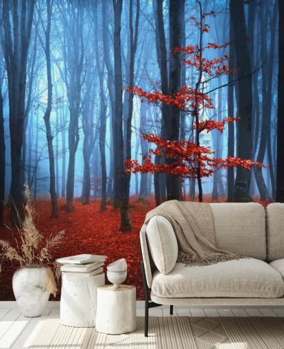 Mural Bosque otoñal rojo y azul brillante