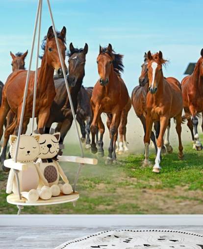 Brown Horses Running Together Mural Brown Horses Running Together Mural