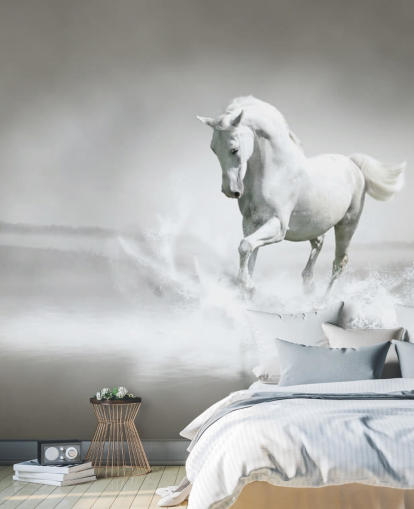 Papier Peint Cheval Noir et Blanc sur la Plage