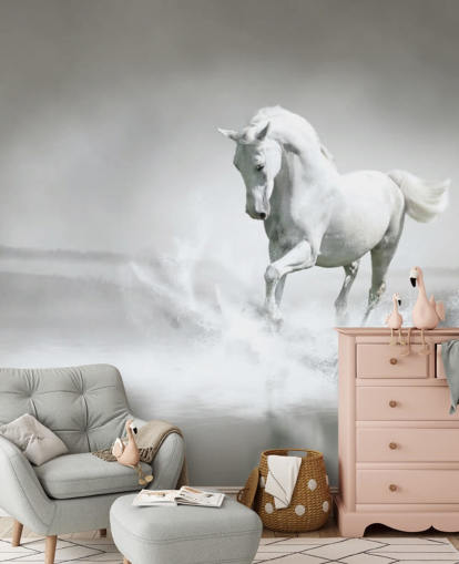 Papier Peint Cheval Noir et Blanc sur la Plage