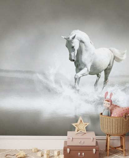 Black and White Horse on Beach Wallpaper