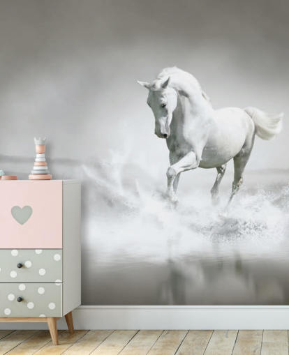 Papier Peint Cheval Noir et Blanc sur la Plage Papier Peint Cheval Noir et Blanc sur la Plage