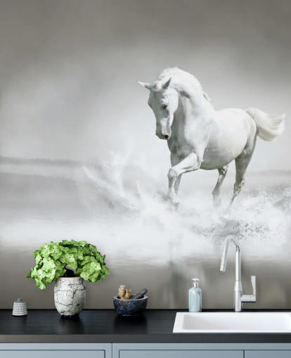 Papel pintado Caballo blanco y negro en la playa