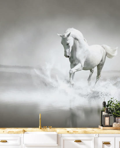 Papier Peint Cheval Noir et Blanc sur la Plage