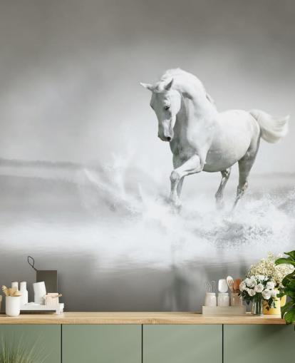Black and White Horse on Beach Wallpaper