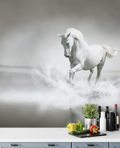 Papel pintado Caballo blanco y negro en la playa Papel pintado Caballo blanco y negro en la playa