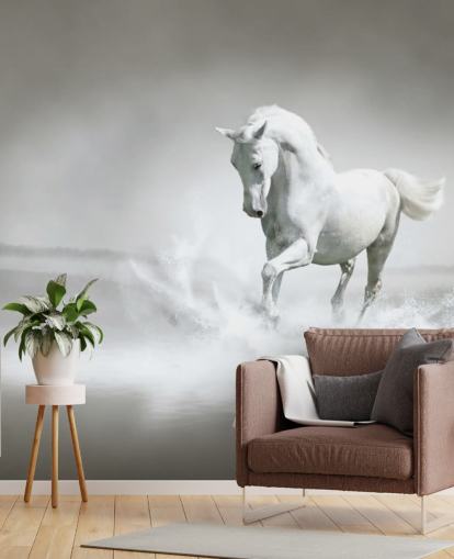 Papel pintado Caballo blanco y negro en la playa Papel pintado Caballo blanco y negro en la playa