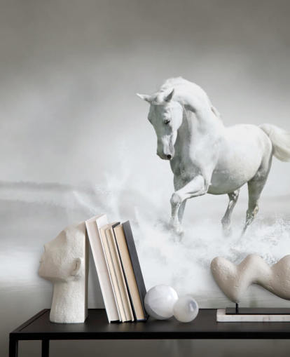 Papier Peint Cheval Noir et Blanc sur la Plage